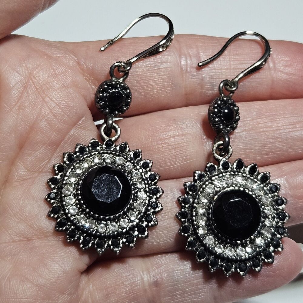 Silver Tone Dangling Circular With Black And Clear Rhinestone Accent Earrings